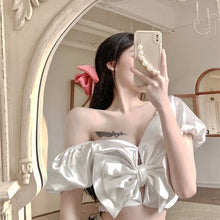 Load image into Gallery viewer, Sexy Party Night Club Ladies Crop Tops Women Off Shoulder Sweet Cute Korean Clothing Puff Sleeve Bow Designer Shirts Summer 2021