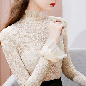 Sexy Women Lace Tops And Shirt New 2021 Spring Autumn Turtleneck Hollow Out Women Tops Tees Elegant Slim Flare Sleeve  T-Shirt