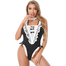 Load image into Gallery viewer, Sexy Women Sissy Maid Uniforms Crossdresser Role Playing Outfits Costumes Sleepwear Lace-up High Cut Bodysuit Lingerie Nightwear