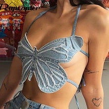 Load image into Gallery viewer, Sexy y2k Butterfly Jeans Crop Top Backless Strap Camis  Blue Cute Party Sweats Women Beach Holiday Mini Vest Tee Summer 2022