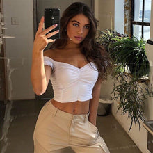 Load image into Gallery viewer, Short Puff Sleeve Cropped Tops Shirts Ruched Square Collar Backless Ruffles Crop Tops Summer Hot Sale Elegant Women Shirts 2020