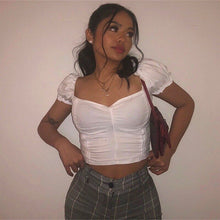 Load image into Gallery viewer, Short Puff Sleeve Cropped Tops Shirts Ruched Square Collar Backless Ruffles Crop Tops Summer Hot Sale Elegant Women Shirts 2020