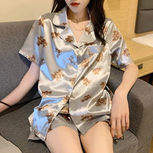 Load image into Gallery viewer, Silk Pajamas For Women Summer Thin Little Bear Printing Short Sleeve Shorts Cartoon Style Women'S 2 Piece Set Satin Home Dress