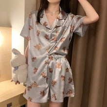 Load image into Gallery viewer, Silk Pajamas For Women Summer Thin Little Bear Printing Short Sleeve Shorts Cartoon Style Women'S 2 Piece Set Satin Home Dress