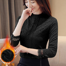 Load image into Gallery viewer, Slim Stand-Up Collar Hollow Out Lace Blouses Bottoming Velvet Shirt Autumn Winter Women Clothing Fashion Elegant Warm Top blusas