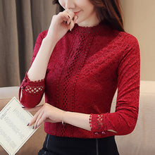 Load image into Gallery viewer, Slim Stand-Up Collar Hollow Out Lace Blouses Bottoming Velvet Shirt Autumn Winter Women Clothing Fashion Elegant Warm Top blusas
