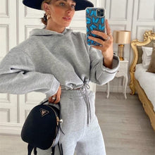 Load image into Gallery viewer, Solid Tracksuit Women Two Piece Set Autumn Clothing Hooded Drawstring Sweatshirt Top Long Pants Suit Casual Women's Sets Outfits