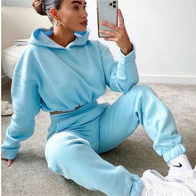 Load image into Gallery viewer, Solid Tracksuit Women Two Piece Set Autumn Clothing Hooded Drawstring Sweatshirt Top Long Pants Suit Casual Women's Sets Outfits