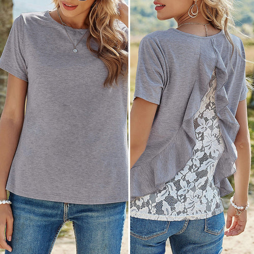 Spring 2021 New Women T-shirt Summer Tops Fashion Sexy Hollow Out Lace Ruffles Back Design O Neck Casual Loose Female Tees Grey