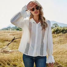 Load image into Gallery viewer, Spring 2021 Women Blusas & Shirts  Solid Color Sexy Hollow Out Splicing Stand Collar Flare Sleeve Casual Elegant Shirt Top Mujer