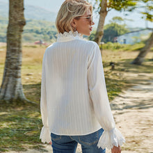 Load image into Gallery viewer, Spring 2021 Women Blusas & Shirts  Solid Color Sexy Hollow Out Splicing Stand Collar Flare Sleeve Casual Elegant Shirt Top Mujer