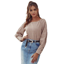 Load image into Gallery viewer, Spring Autumn Women Shirts Retro Check Lantern Sleeve Square Neck Loose Shirt Top Casual All-match Top Blouses