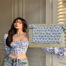 Load image into Gallery viewer, Square Collar Crop Tees Tops Women's Puff Sleeve Tanks Top  Blouse Fashion Retro Clothing Summer Blouses Female Shirts