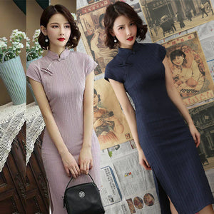 Stand Collar Retro Buckle Short Sleeve Slim Dress Women Summer Elegant Solid Split Fork Improved Cheongsam Ladies Qipao Clothes