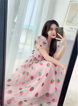 Load image into Gallery viewer, Strawberry dress Sequined Embroidery Cascading Ruffle Maxi Dress Women summer V-neck Puff Sleeve Bow Pink Tulle Mesh Long Dress