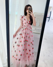 Load image into Gallery viewer, Strawberry dress Sequined Embroidery Cascading Ruffle Maxi Dress Women summer V-neck Puff Sleeve Bow Pink Tulle Mesh Long Dress