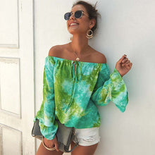 Load image into Gallery viewer, Summer Printed Shirt Long Sleeve Sexy Strapless Blouses Women Elegant Slim-fitting Slash Neck Tops Street Ladies Blouse