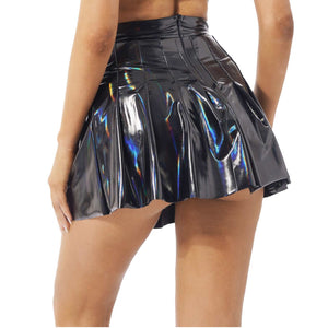 Summer Sexy Shiny Glossy High Waist Mini PU Leather Skirt Bottoms Club Party Dance Shiny Holographic Metallic Pleated Skirts