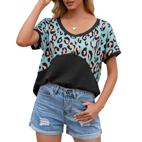 Summer Women Shirt Leopard Splicing Waffle Knit V Neck Tees Back Hollow Out Loose Casual Tunic Mujer Tops Female T-Shirts