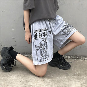Summer pants streetwear cartoon Comic black shorts letters print high waist shorts Casual loose elastic waist Straight shorts