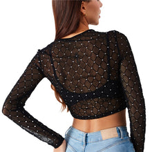 Load image into Gallery viewer, Thorn Tree 2021 Black Mesh Fishnet Crop Tops Women Sexy See Through Long Sleeve O-neck Rihnstone Crystal Beadings Plaid T-Shirts