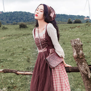 Vintage Style Prairie Chic Mori Girl Dress Cotton Linen Patchwork Plaid Retro Forest Women Maxi Dresses Vestidos Faldas Autumn