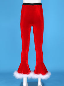 Winter High Waist Flared Pants Casual Faux Fur Adorned Bell Bottoms Trousers Women Vintage Velvet Christmas Pants Sweatpant