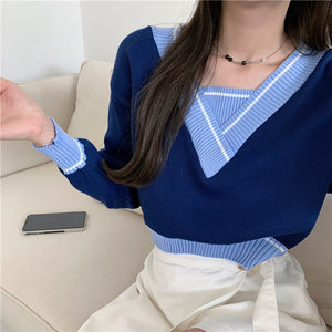 Winter Women V-Neck Pullovers Knitted Sweaters Loose Solid Short Style Ladies Korean Casual Long Sleeve Sueter Mujer Female