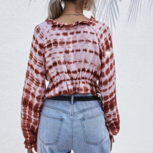 Load image into Gallery viewer, Women Blouse Tie Dye Sexy Deep V Neck Lantern Sleeve Tie Front Ruffle Hem Casual Loose Summer Cropped Shirts