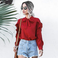 Load image into Gallery viewer, Women Casual Bow Stand Collar Ruffle Shirt Ladies Butterfly Long Sleeve Solid Tops 2020 New Fashion Spring Autumn Office Blouses