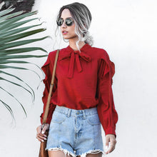 Load image into Gallery viewer, Women Casual Bow Stand Collar Ruffle Shirt Ladies Butterfly Long Sleeve Solid Tops 2020 New Fashion Spring Autumn Office Blouses