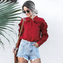 Load image into Gallery viewer, Women Casual Bow Stand Collar Ruffle Shirt Ladies Butterfly Long Sleeve Solid Tops 2020 New Fashion Spring Autumn Office Blouses