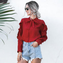 Load image into Gallery viewer, Women Casual Bow Stand Collar Ruffle Shirt Ladies Butterfly Long Sleeve Solid Tops 2020 New Fashion Spring Autumn Office Blouses