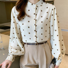Load image into Gallery viewer, Women Casual Stand-Up Collar Shirts Lady Spring Autumn Fashion Korean Lantern Sleeves Buttons Polka Dot Blouse Streetwear Tops