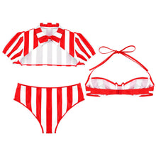 Load image into Gallery viewer, Women Christmas Costume Underwear Erotic Lingerie Puff Sleeve Turn-down Collar Stripe Crop Top Lace-up Bra Low Waist Brief Suits