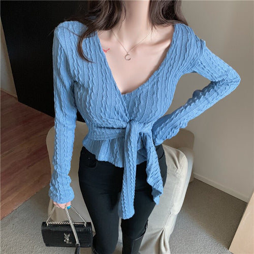 Women Clothes Knitted Sweater Spring Autumn Crop Top V-Neck Low-Cut Long Sleeve Sweaters Cropped Cardigan Vetement Femme