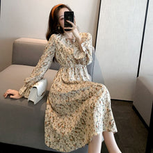 Load image into Gallery viewer, Women Floral Dress Fashion Korean Fairy Chiffon Long-Sleeve  Sexy V-Neck Dresses Fall Temperament Fashion Dress Long Skirt