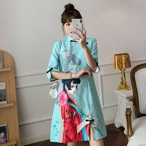 Women Improved Cheongsam Half Sleeve Stand Collar Retro Buckle Chinese Style Print Plus Size Split Fork Mini Dress Female Qipao