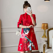 Load image into Gallery viewer, Women Improved Cheongsam Half Sleeve Stand Collar Retro Buckle Chinese Style Print Plus Size Split Fork Mini Dress Female Qipao