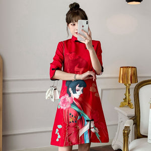 Women Improved Cheongsam Half Sleeve Stand Collar Retro Buckle Chinese Style Print Plus Size Split Fork Mini Dress Female Qipao