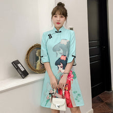 Load image into Gallery viewer, Women Improved Cheongsam Half Sleeve Stand Collar Retro Buckle Chinese Style Print Plus Size Split Fork Mini Dress Female Qipao