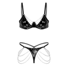 Load image into Gallery viewer, Women Leather Hot Porno Lingerie Set Underwire Metal Chain Bra Hollow Out Thong Garter Set Sexy Women Hot Erotic Underwear Sets