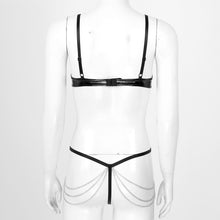 Load image into Gallery viewer, Women Leather Hot Porno Lingerie Set Underwire Metal Chain Bra Hollow Out Thong Garter Set Sexy Women Hot Erotic Underwear Sets