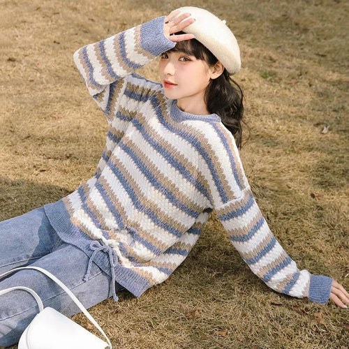 Women O Neck Color Block Stripe Long Sleeve Sweater Japanese Winter Kawaii Girl Pullover Black Vintage Outerwear Women Tops