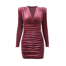 Load image into Gallery viewer, Women Pad Shoulder Dress Casual Female Sexy Bodycon Dress Women Folds Deep V Neck Long Sleeve Streetwear Clubwear Solid Dresses
