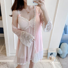 Load image into Gallery viewer, Women'S Pajamas Lingerie Lace Sleepwear Robe 2 Piece Set Summer Thin Sexy Princess Style Strap Chest Pad Nightdress Homewear