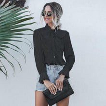 Load image into Gallery viewer, Women Sexy See Through Ruffle Blouse Ladies Sequin Stand Neck Long Sleeve Chiffon Tops 2020 Autumn New Fashion Streetwear Shirts