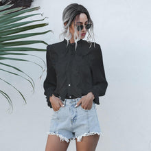 Load image into Gallery viewer, Women Sexy See Through Ruffle Blouse Ladies Sequin Stand Neck Long Sleeve Chiffon Tops 2020 Autumn New Fashion Streetwear Shirts