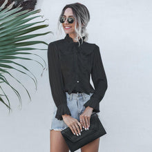 Load image into Gallery viewer, Women Sexy See Through Ruffle Blouse Ladies Sequin Stand Neck Long Sleeve Chiffon Tops 2020 Autumn New Fashion Streetwear Shirts