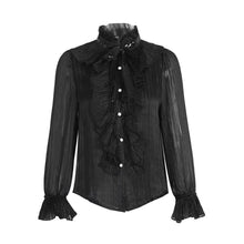 Load image into Gallery viewer, Women Sexy See Through Ruffle Blouse Ladies Sequin Stand Neck Long Sleeve Chiffon Tops 2020 Autumn New Fashion Streetwear Shirts
